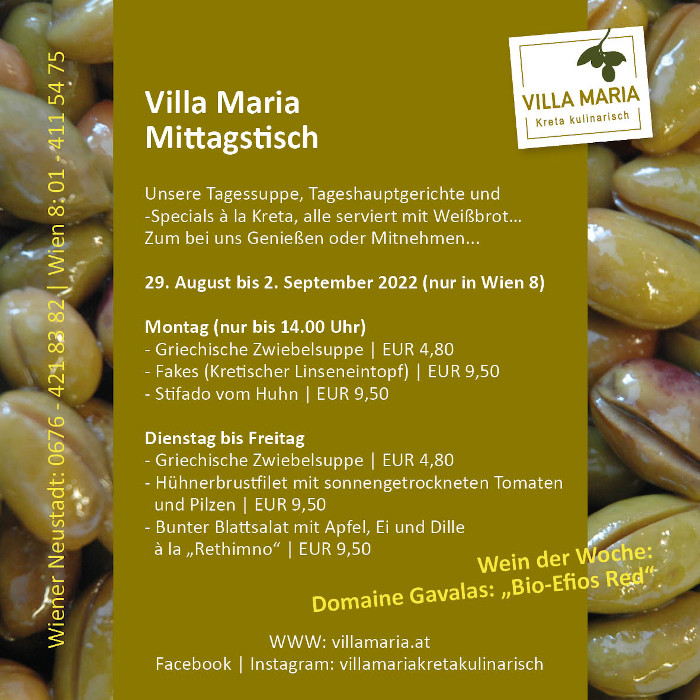 Diese Woche am Mittagstisch von Villa Maria | Kreta kulinarisch in Wien 8…