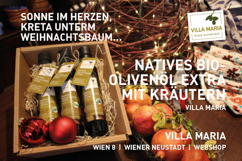 Sonne im Herzen, Kreta unterm Weihnachtsbaum: Villa Maria – Natives Bio-Olivenöl Extra mit Kräutern