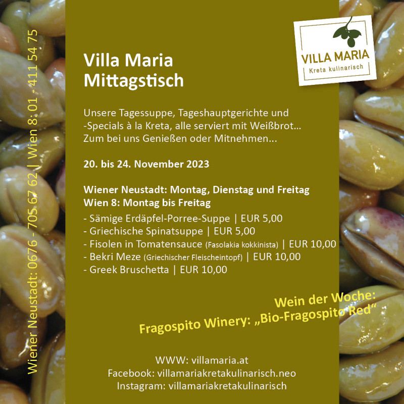 Diese Woche am Mittagstisch von Villa Maria | Kreta kulinarisch in Wien 8 und Wiener Neustadt…
