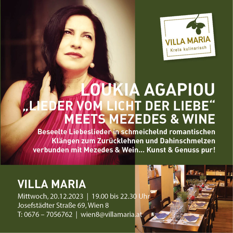Loukia Agapiou: „Lieder vom Licht der Liebe“ Meets Mezedes & Wine in Wien 8